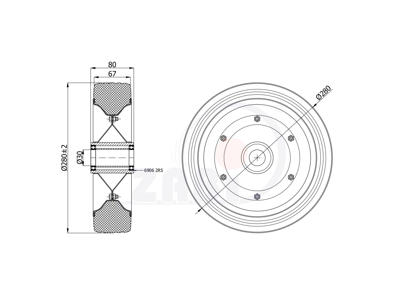 Koła i zestawy kołowe, Koła metalowo-gumowe, Koła o symbolu 280Ł/30