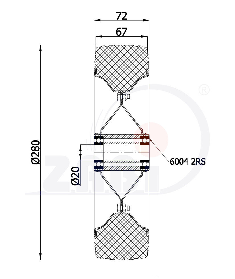 Koła i zestawy kołowe, Koła metalowo-gumowe, Koła o symbolu 280Ł/20