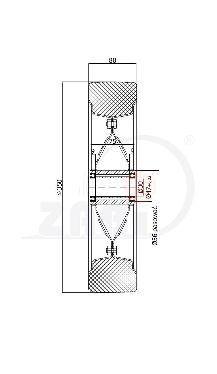 Koła i zestawy kołowe, Koła metalowo-gumowe, Koła o symbolu 350Ł/30