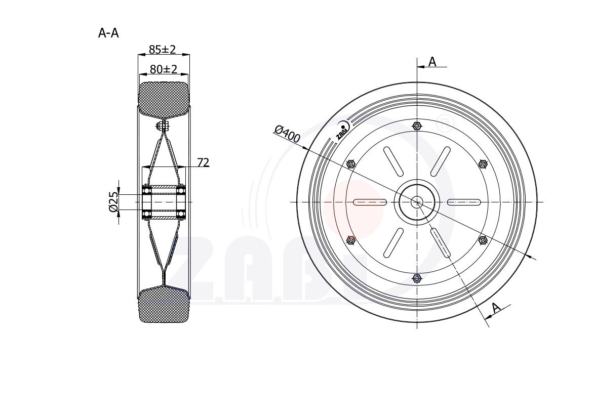 Koła i zestawy kołowe, Koła metalowo-gumowe, Koła o symbolu 400Ł/25