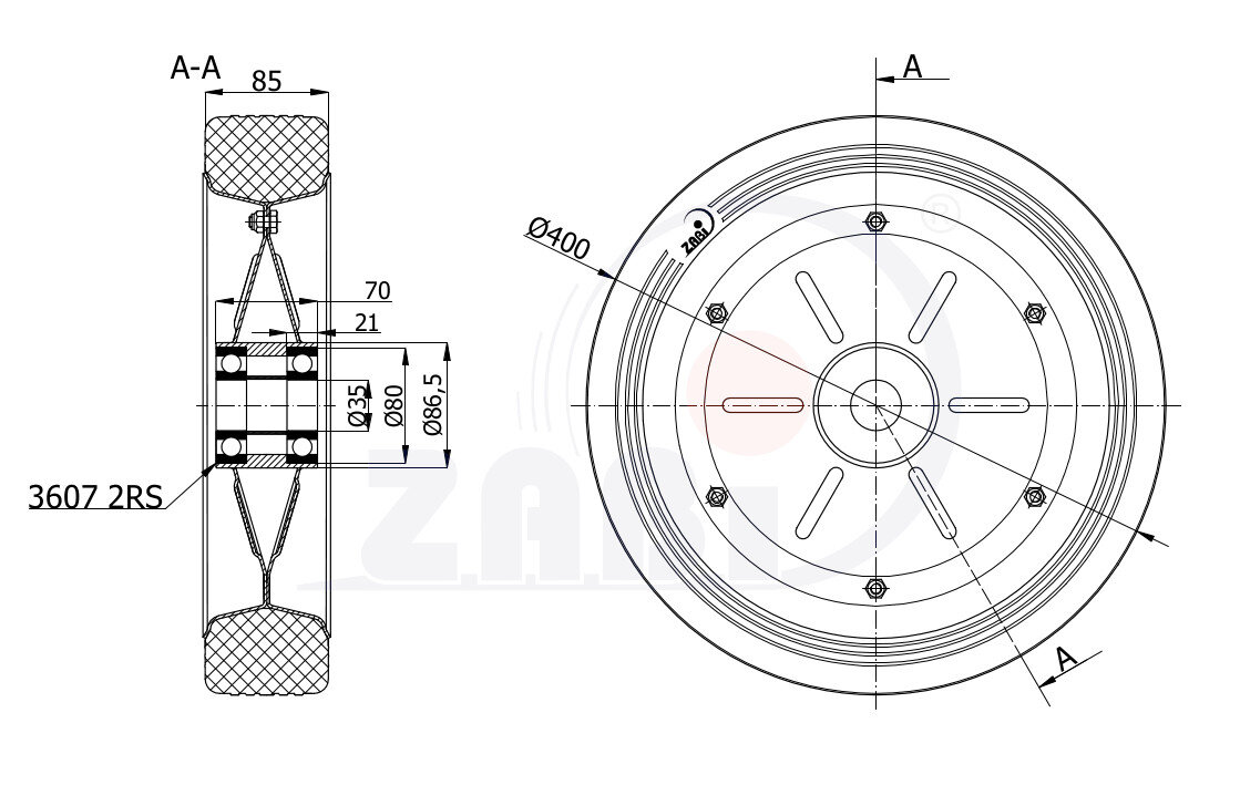 Koła i zestawy kołowe, Koła metalowo-gumowe, Koła o symbolu 400Ł/35