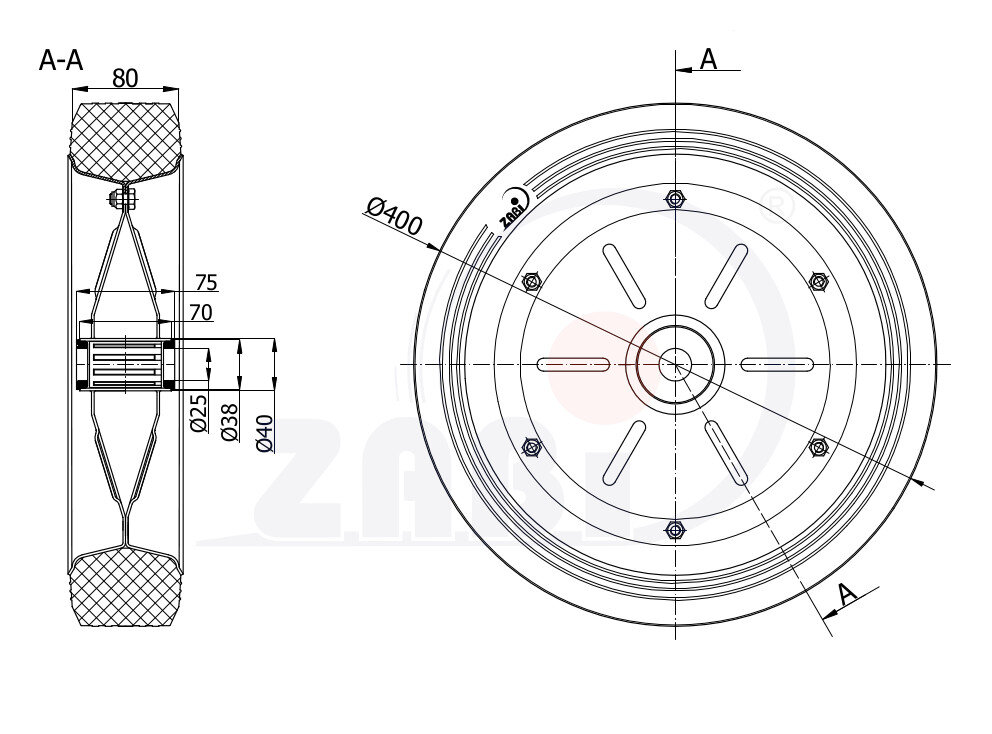 Koła i zestawy kołowe, Koła metalowo-gumowe, Koła o symbolu 400/25