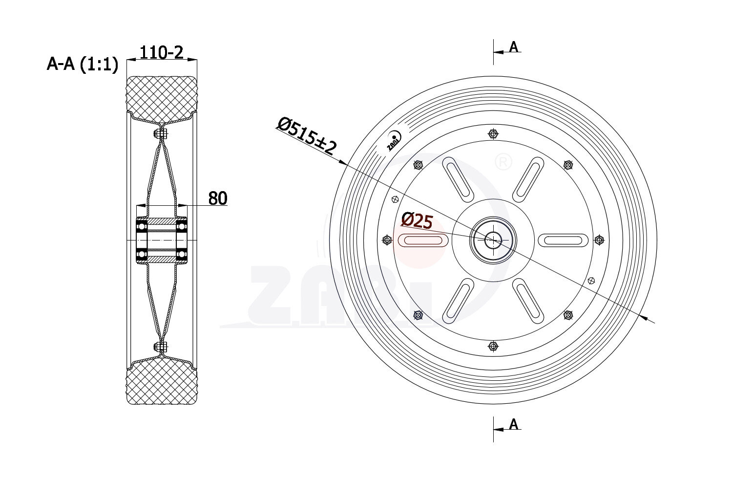 Räder und Rollen, Metallgummiräder, Räder mit dem Symbol 500L/25