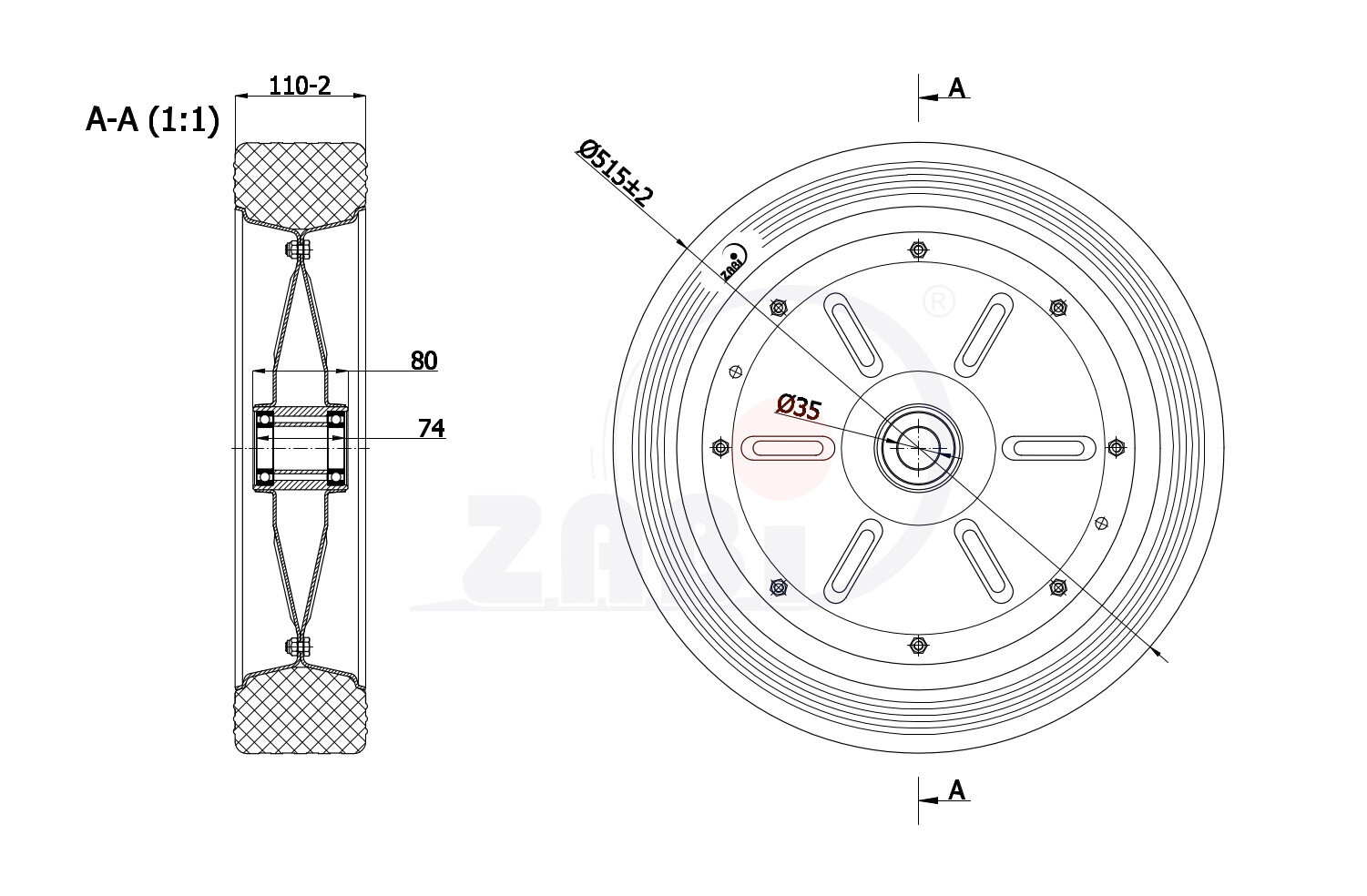 Räder und Rollen, Metallgummiräder, Räder mit dem Symbol 500L/35