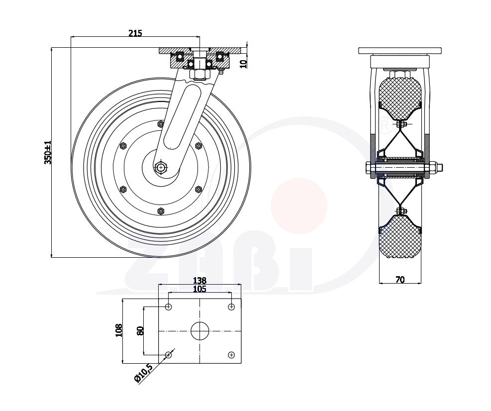 Колёса и наборы колёс, Колеса промышленные (металл +резина), С поворотными опорами с обозначением 1002D