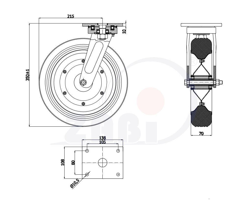 Колёса и наборы колёс, Колеса промышленные (металл +резина), С поворотными опорами с обозначением 1002ŁD