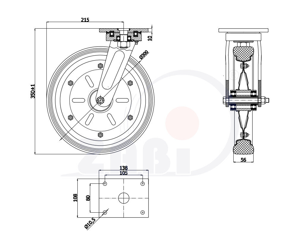 Колёса и наборы колёс, Колеса промышленные (металл +резина), С поворотными опорами с обозначением 1002MŁD