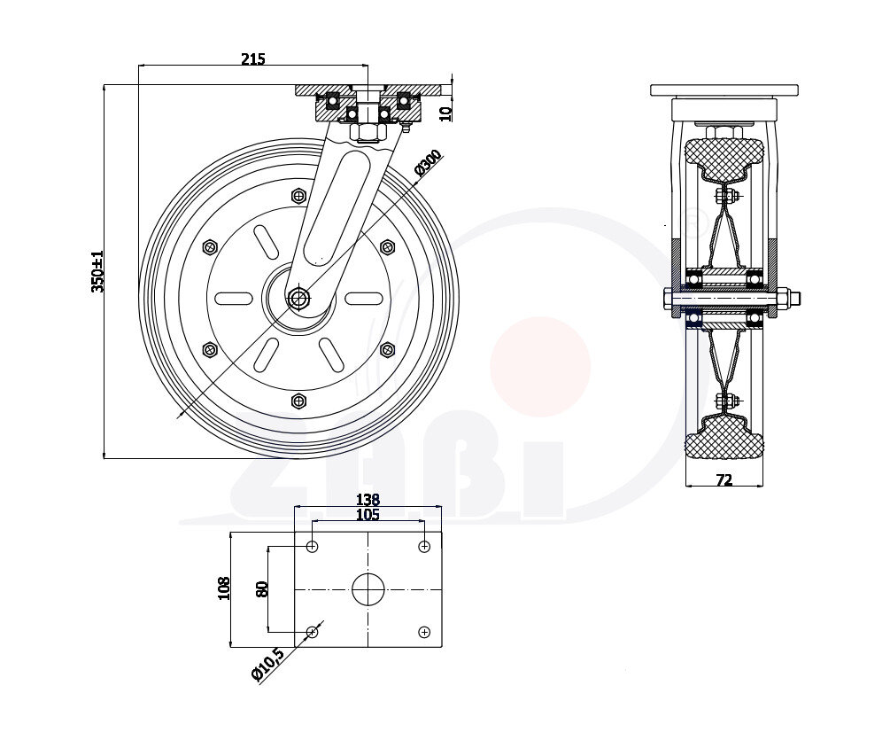 Колёса и наборы колёс, Колеса промышленные (металл +резина), С поворотными опорами с обозначением 1002MNŁD
