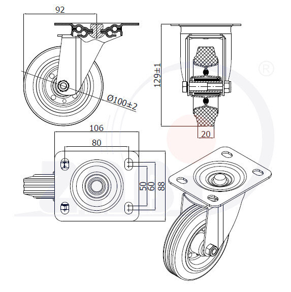 Колёса и наборы колёс, Колеса промышленные (металл +резина), С поворотными опорами с обозначением 12L