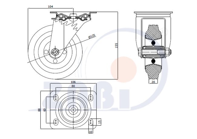 Колёса и наборы колёс, Колеса промышленные (металл +резина), С поворотными опорами с обозначением 22M