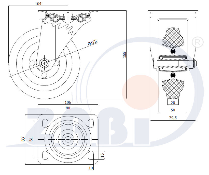 Колёса и наборы колёс, Колеса промышленные (металл +резина), С поворотными опорами с обозначением 22MS