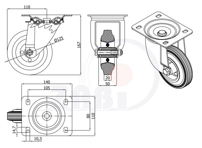Колёса и наборы колёс, Колеса промышленные (металл +резина), С поворотными опорами с обозначением 22S