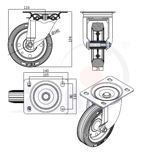 Колёса и наборы колёс, Колеса промышленные (металл +резина), С поворотными опорами с обозначением 32S