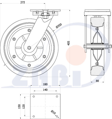 Koła i zestawy kołowe, Koła metalowo-gumowe, W obudowach skrętnych o symbolu 3502D