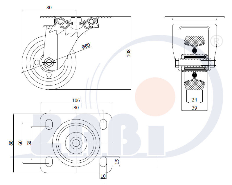 Колёса и наборы колёс, Колеса промышленные (металл +резина), С поворотными опорами с обозначением 3L