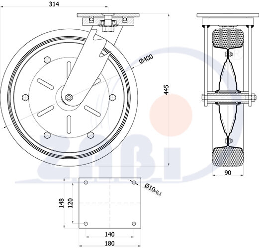 Räder und Rollen, Metallgummiräder, Lenkrollen mit Platte mit dem Symbol 4002D