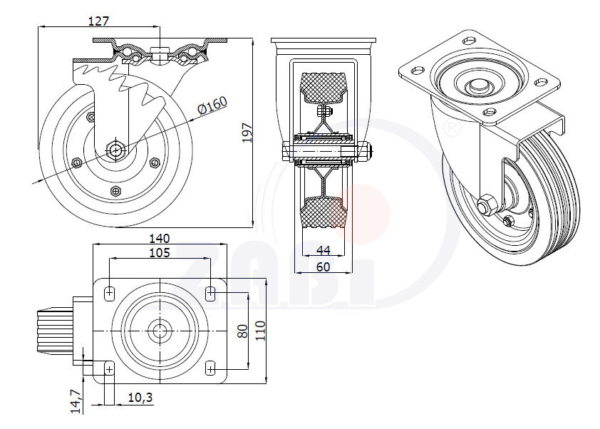 Колёса и наборы колёс, Колеса промышленные (металл +резина), С поворотными опорами с обозначением 42NW