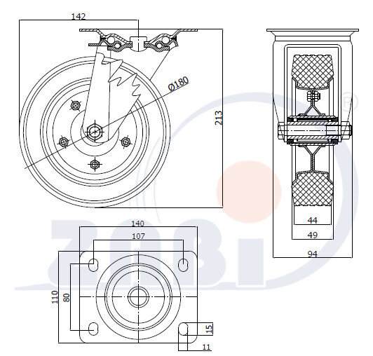 Колёса и наборы колёс, Колеса промышленные (металл +резина), С поворотными опорами с обозначением 52N