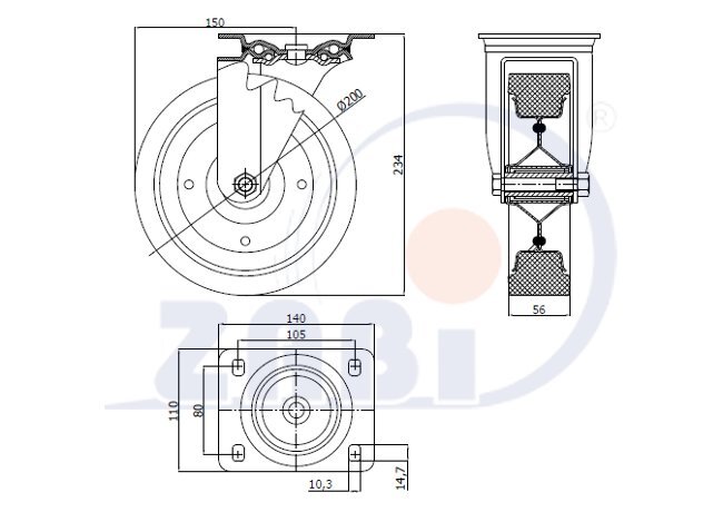 Колёса и наборы колёс, Колеса промышленные (металл +резина), С поворотными опорами с обозначением 62FW