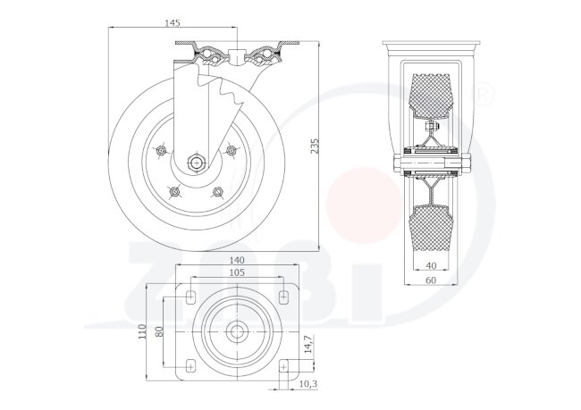 Колёса и наборы колёс, Колеса промышленные (металл +резина), С поворотными опорами с обозначением 62NW