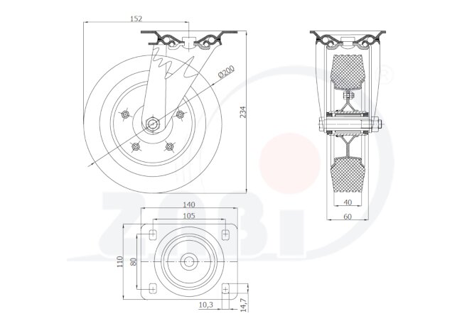 Колёса и наборы колёс, Колеса промышленные (металл +резина), С поворотными опорами с обозначением 62N