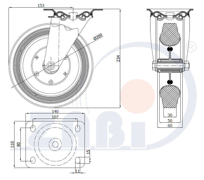 Колёса и наборы колёс, Колеса промышленные (металл +резина), С поворотными опорами с обозначением 62