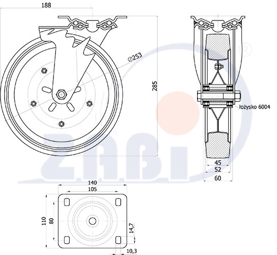 Колёса и наборы колёс, Колеса промышленные (металл +резина), С поворотными опорами с обозначением 92ŁW