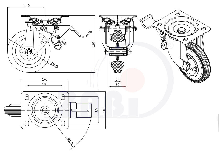 Колёса и наборы колёс, Колеса промышленные (металл +резина), С поворотными опорами с тормозом с обозначением 25H