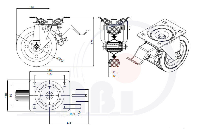 Колёса и наборы колёс, Колеса промышленные (металл +резина), С поворотными опорами с тормозом с обозначением 35SH
