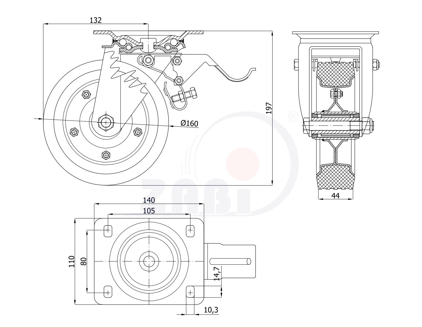 Колёса и наборы колёс, Колеса промышленные (металл +резина), С поворотными опорами с тормозом с обозначением 45NH