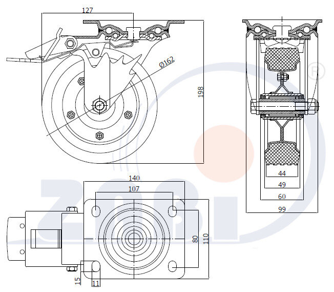 Колёса и наборы колёс, Колеса промышленные (металл +резина), С поворотными опорами с тормозом с обозначением 45NWH