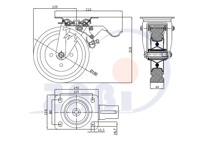 Колёса и наборы колёс, Колеса промышленные (металл +резина), С поворотными опорами с тормозом с обозначением 55H