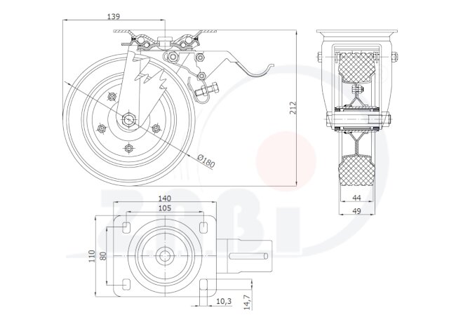 Колёса и наборы колёс, Колеса промышленные (металл +резина), С поворотными опорами с тормозом с обозначением 55NH