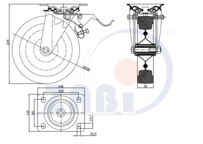 Колёса и наборы колёс, Колеса промышленные (металл +резина), С поворотными опорами с тормозом с обозначением 65H