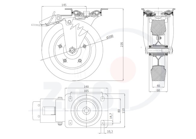 Колёса и наборы колёс, Колеса промышленные (металл +резина), С поворотными опорами с тормозом с обозначением 65NWH