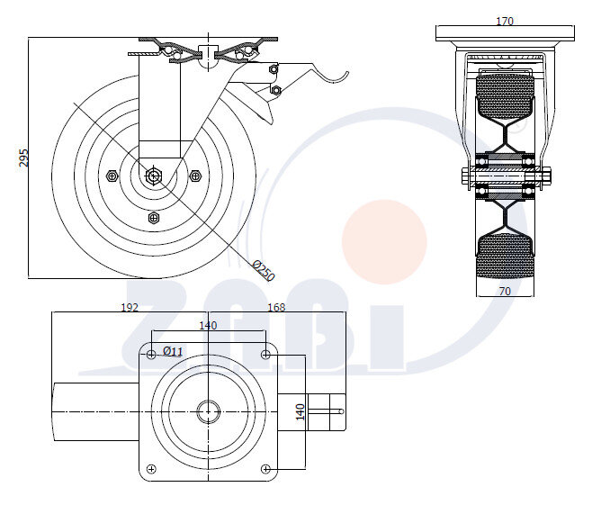 Koła i zestawy kołowe, Koła metalowo-gumowe, W obudowach skrętnych z hamulcem o symbolu 95NNŁH