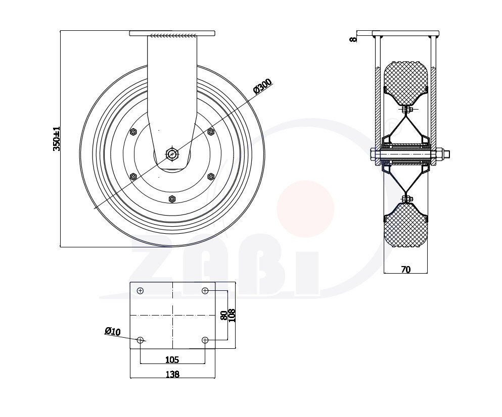 Koła i zestawy kołowe, Koła metalowo-gumowe, W obudowach stałych o symbolu 1003D