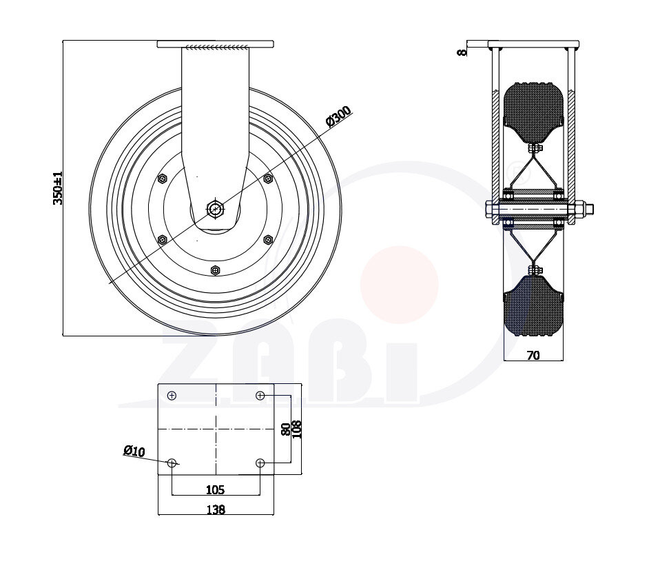 Koła i zestawy kołowe, Koła metalowo-gumowe, W obudowach stałych o symbolu 1003ŁD