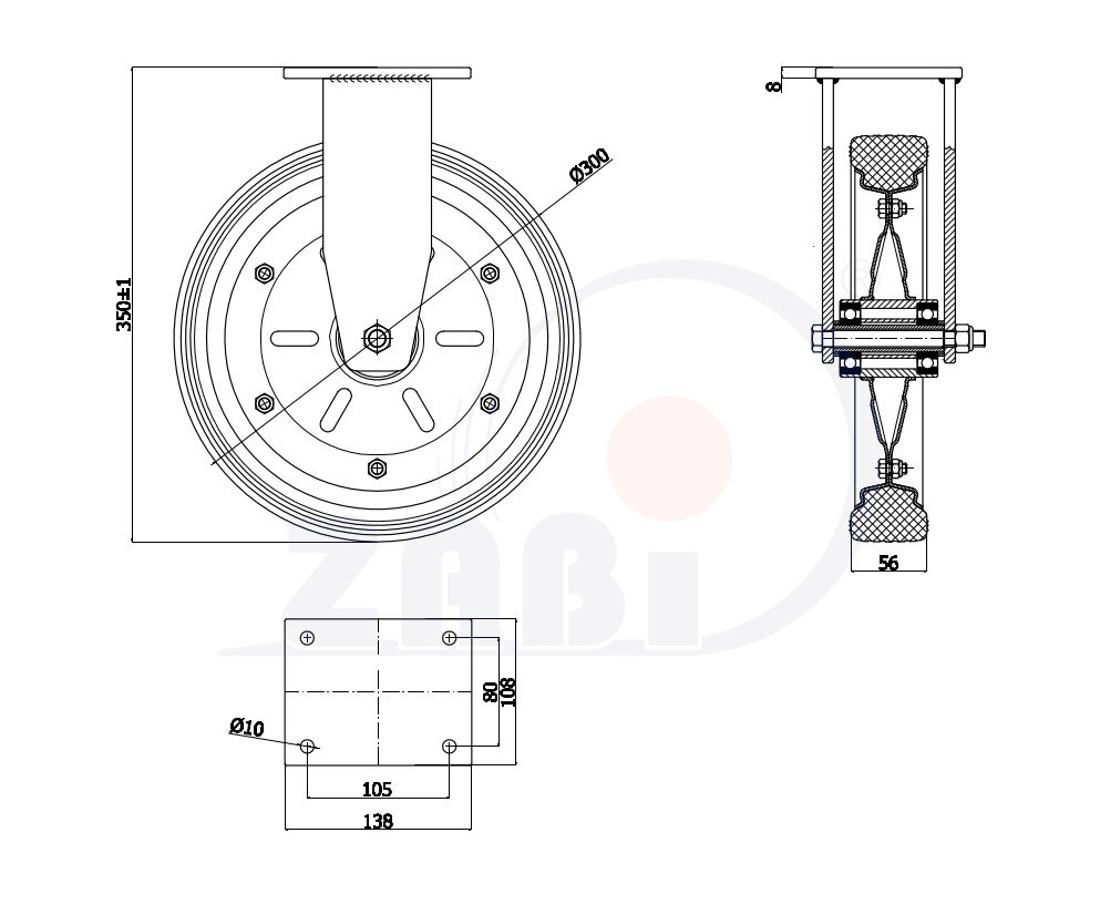 Koła i zestawy kołowe, Koła metalowo-gumowe, W obudowach stałych o symbolu 1003MŁD