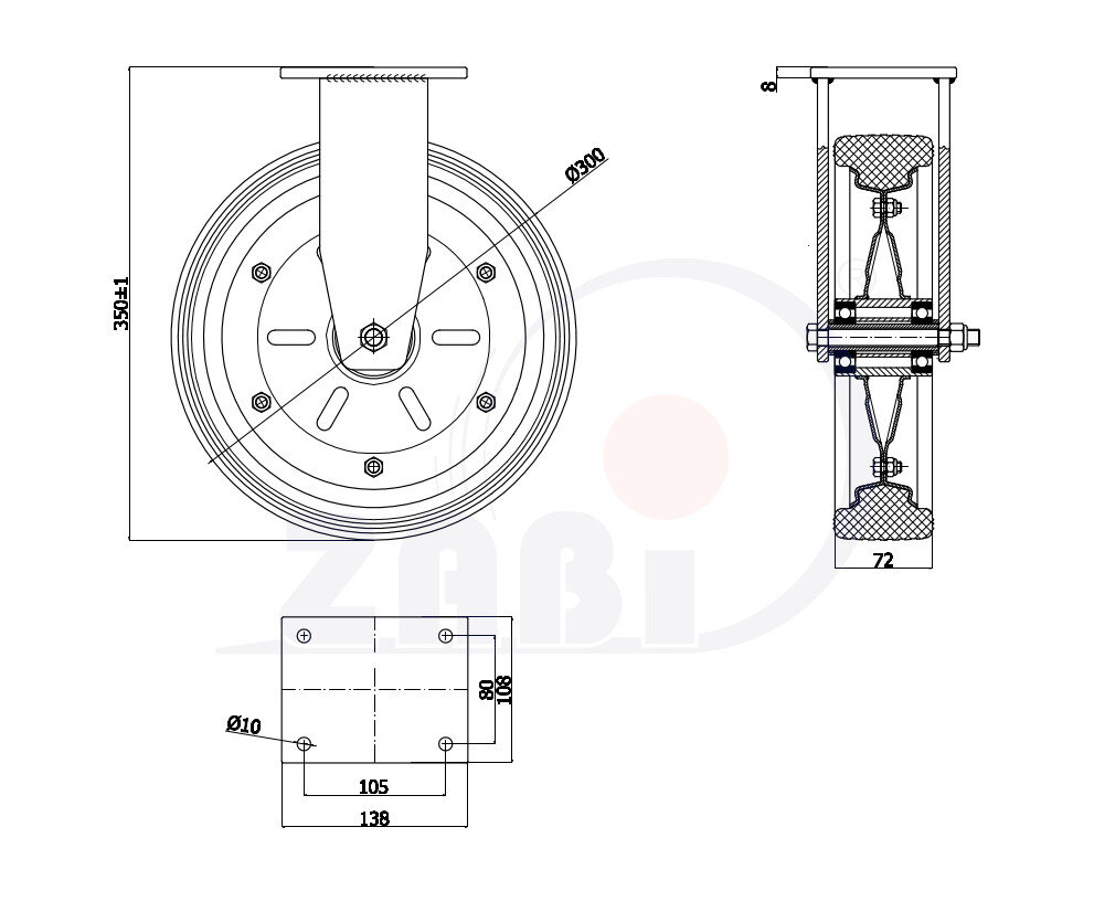 Koła i zestawy kołowe, Koła metalowo-gumowe, W obudowach stałych o symbolu 1003MNŁD