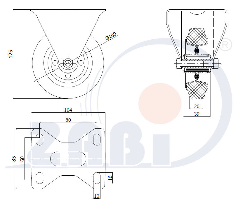 Колёса и наборы колёс, Колеса промышленные (металл +резина), С неповоротными опорами с обозначением 13