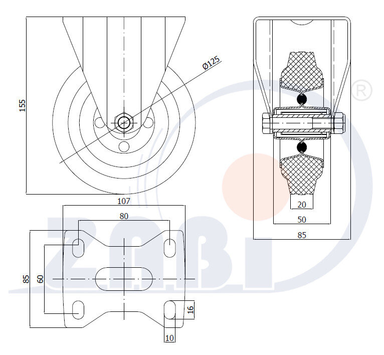 Колёса и наборы колёс, Колеса промышленные (металл +резина), С неповоротными опорами с обозначением 23M