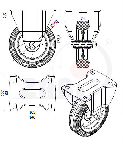 Колёса и наборы колёс, Колеса промышленные (металл +резина), С неповоротными опорами с обозначением 33S