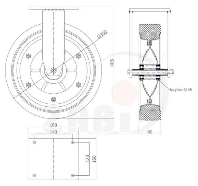 Koła i zestawy kołowe, Koła metalowo-gumowe, W obudowach stałych o symbolu 3503ŁD