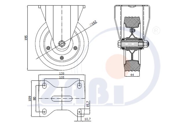 Колёса и наборы колёс, Колеса промышленные (металл +резина), С неповоротными опорами с обозначением 43N