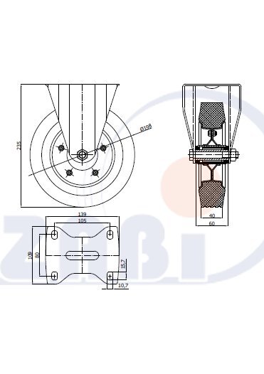 Колёса и наборы колёс, Колеса промышленные (металл +резина), С неповоротными опорами с обозначением 63N