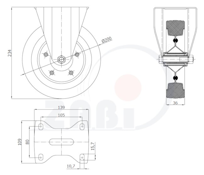 Колёса и наборы колёс, Колеса промышленные (металл +резина), С неповоротными опорами с обозначением 63