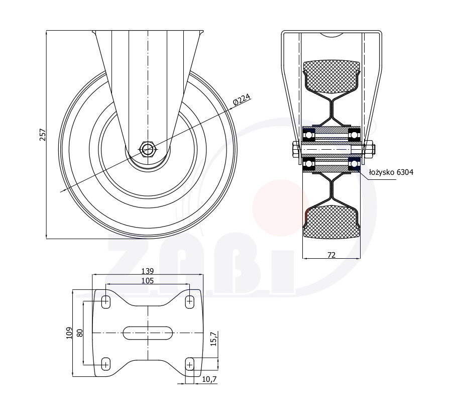 Koła i zestawy kołowe, Koła metalowo-gumowe, W obudowach stałych o symbolu 83Ł