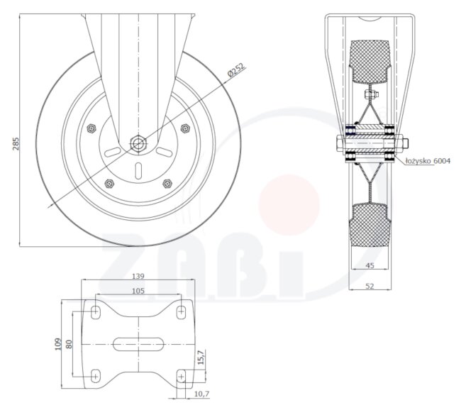 Колёса и наборы колёс, Колеса промышленные (металл +резина), С неповоротными опорами с обозначением 93Ł