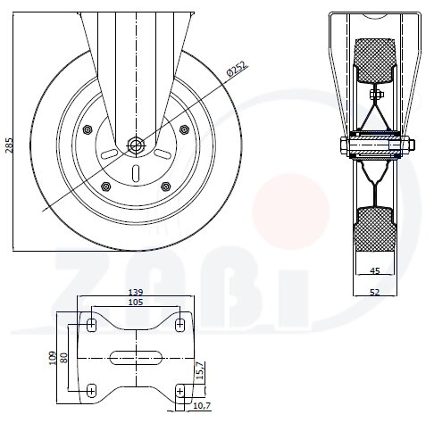 Колёса и наборы колёс, Колеса промышленные (металл +резина), С неповоротными опорами с обозначением 93